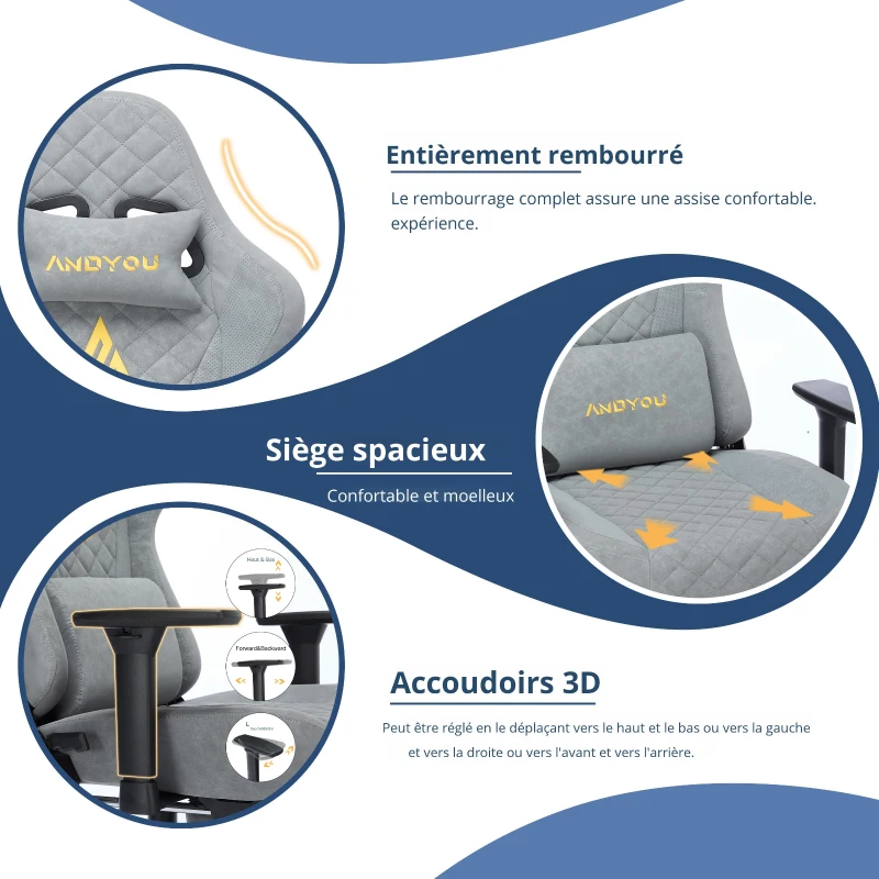 Fauteuil gamer ergonomique, entièrement rembourré, respirant, infroissable et durable, 70x70x131 cm, Gris