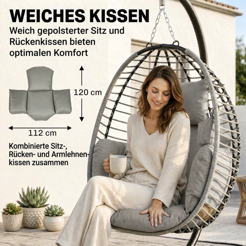 Outsunny Hangstoel, zit- en rugkussen, opvouwbare zitmand, bekerhouder, metalen frame, grijs