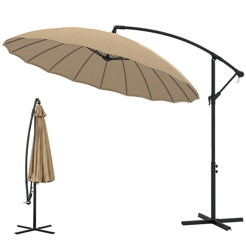 Outsunny 3(m) Cantilever Umbrella 18 Ribs & Vents Adjustable Angle for Patio Khaki