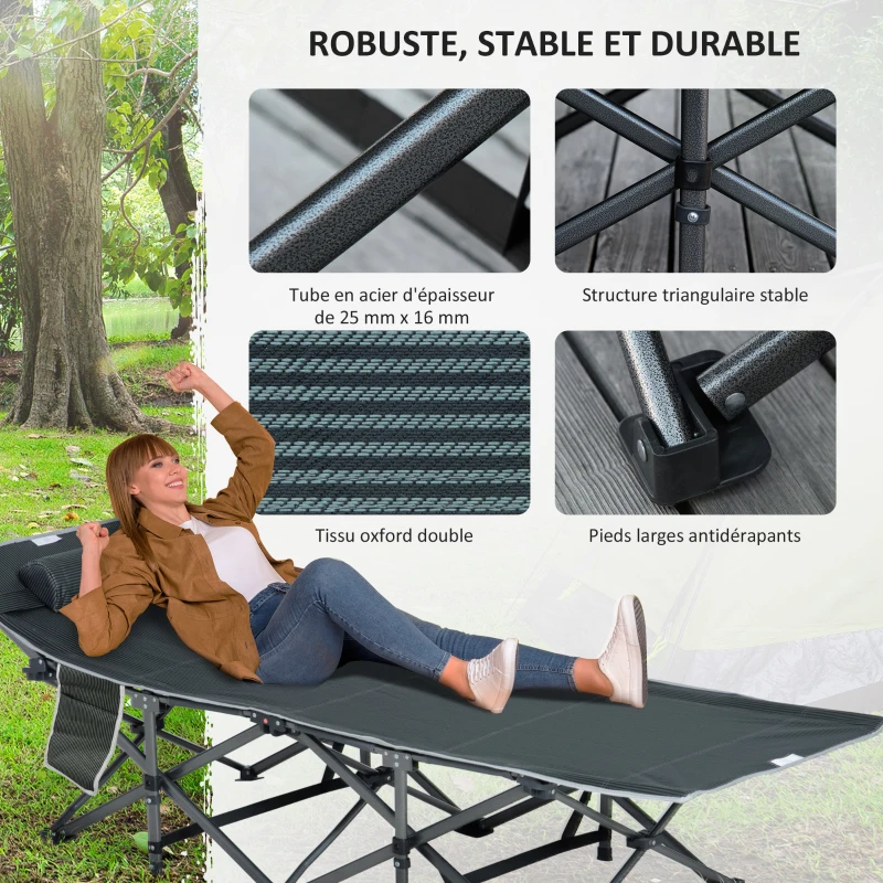 Outsunny Bain de soleil transat chaise longue pliable avec oreiller pochette latérale sac de rangement intégrée métal et tissu oxford 188 x 64,5 x 53 cm gris