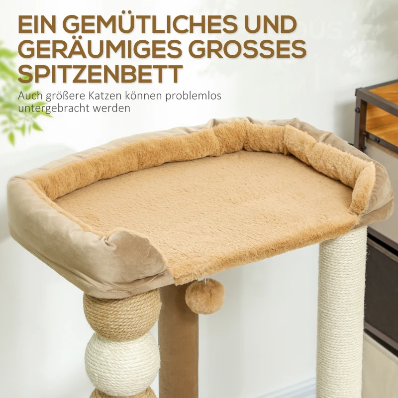 PawHut Krabpaal met 2 niveaus, speelbal, krabpalen, krabballen, geschikt tot 7 kg, 56 x 54 x 86 cm, Bruin