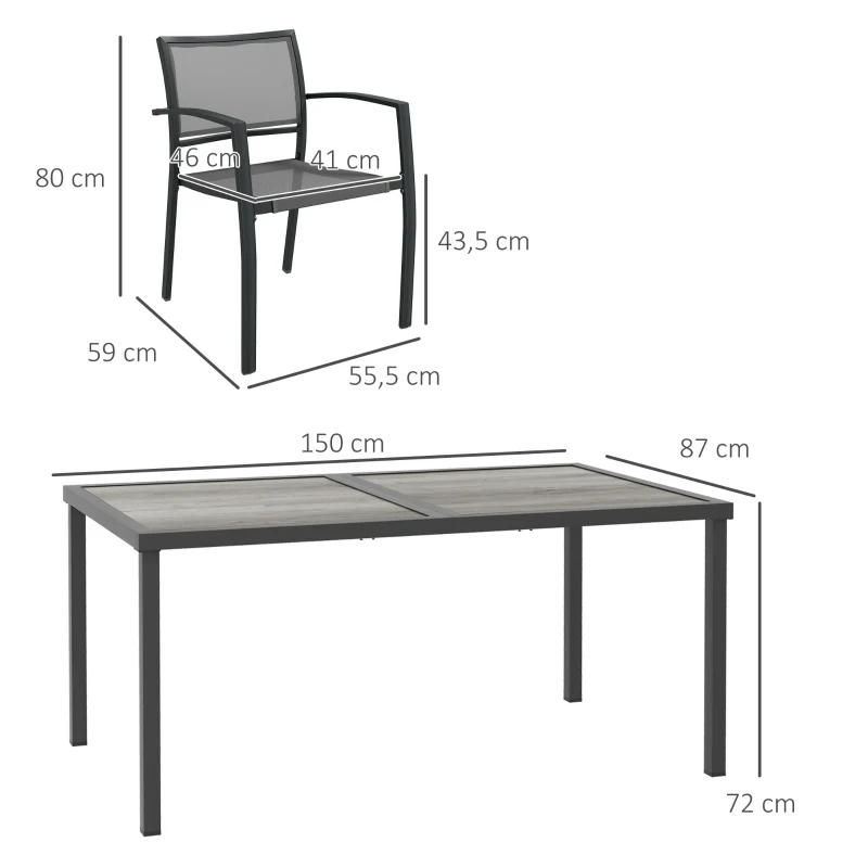 Outsunny Tuinmeubelset zitgroep, 1 tafel, 6 stoelen, 150 x 87 x 72 cm, grijs