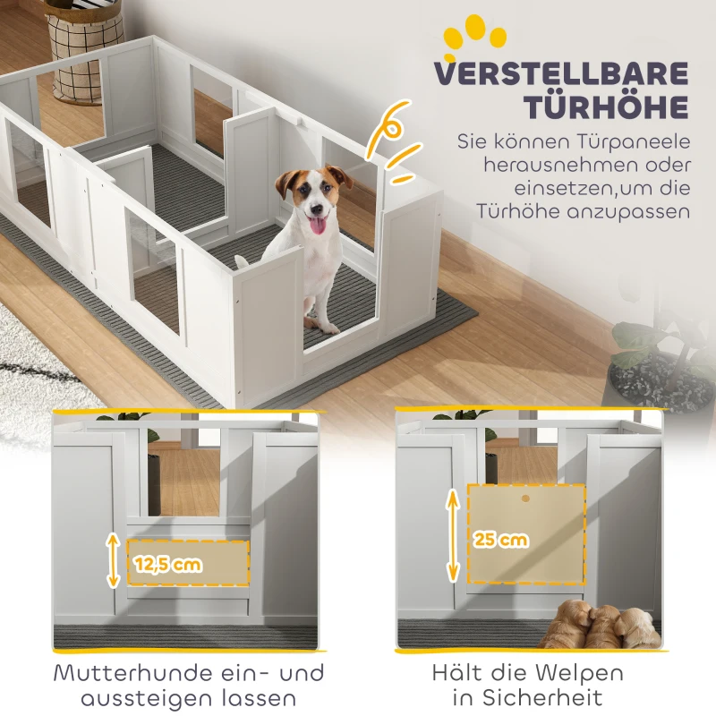 PawHut werpkist voor pups, puppybox met 2 kamers, hondenren met deur voor kleine honden, 164x80x48 cm, wit