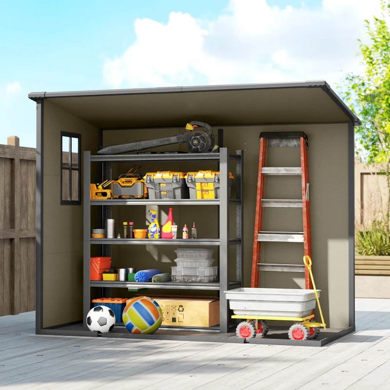 Outsunny Casetta da Giardino 2.54m² in PP e Alluminio con Pavimento, Tetto Inclinato, Doppia Porta Bloccabile, Finestra, Guanti, Marrone Chiaro