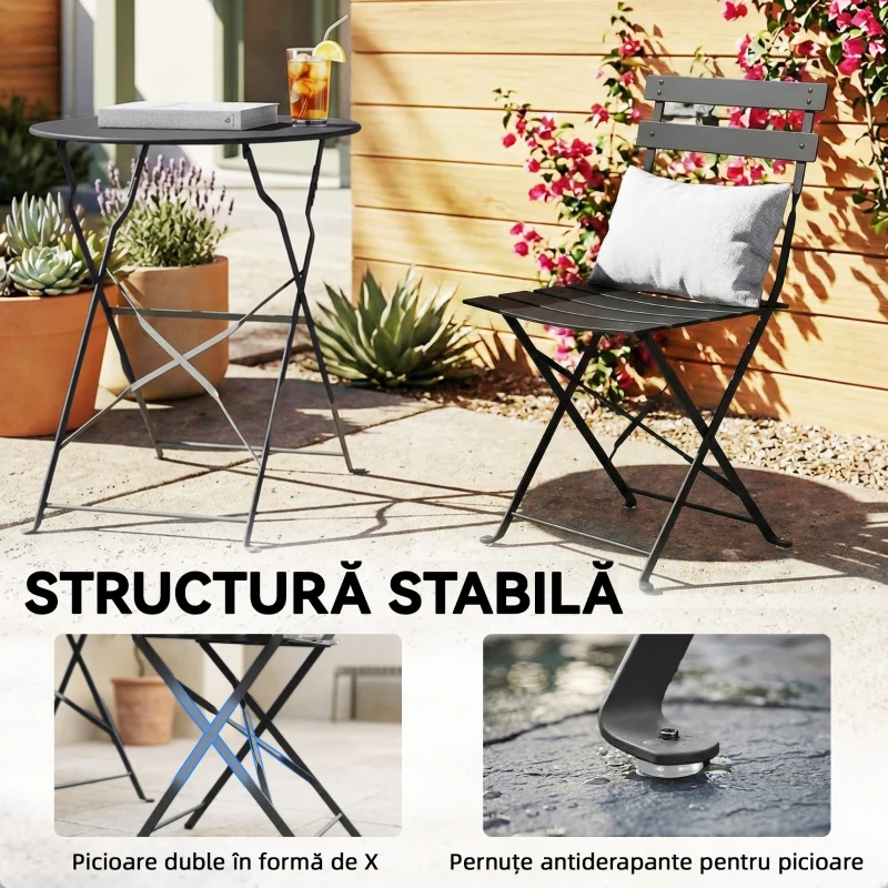 Outsunny Set Bistro Pliabil de Exterior, Format din 3 Piese, cu Masă, Negru