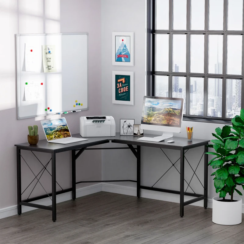 HOMCOM Bureau d'angle Bureau Informatique Design Moderne métal MDF Imitation Bois Noir