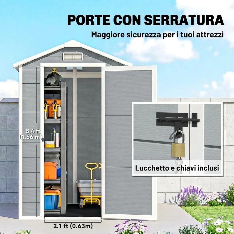 Outsunny Casetta da Giardino in Resina con Pavimento, Porta con Blocco e Finestra, 1.3 x 1.8 m, Grigio