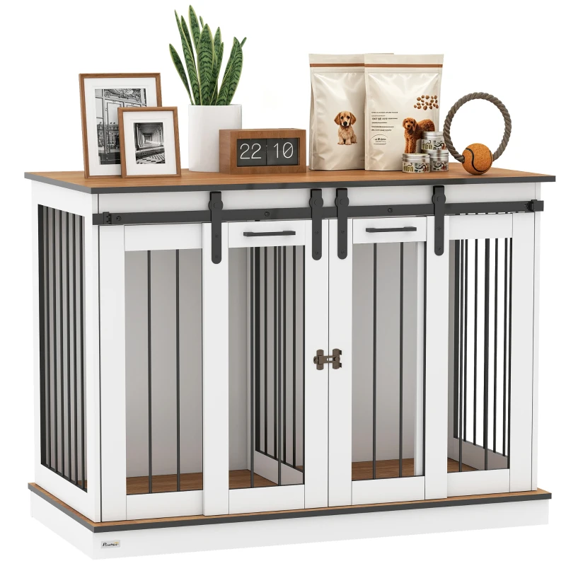 PawHut Hondenbench met 2 Deuren, Hondenbox, Transportbox voor Honden, Rustiek Ontwerp, Vergrendelbaar, Wit(m-11)