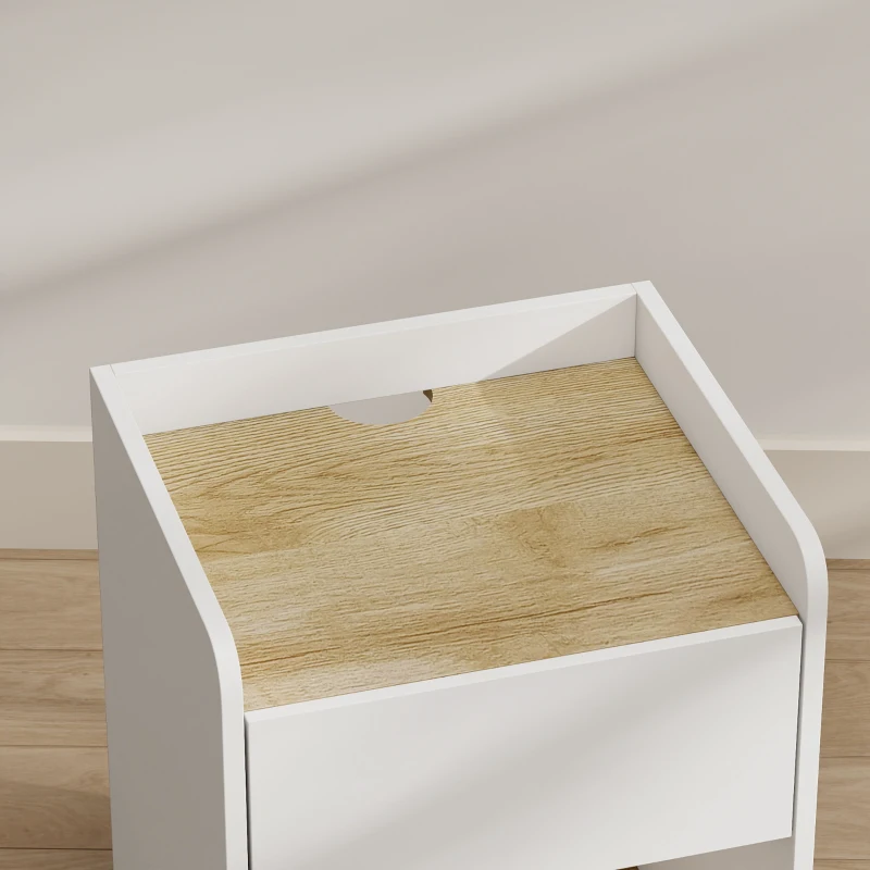 HOMCOM Modern Bedside Table, Slim Nightstand with Drawer, Shelf and Cable Holes, White and Oak