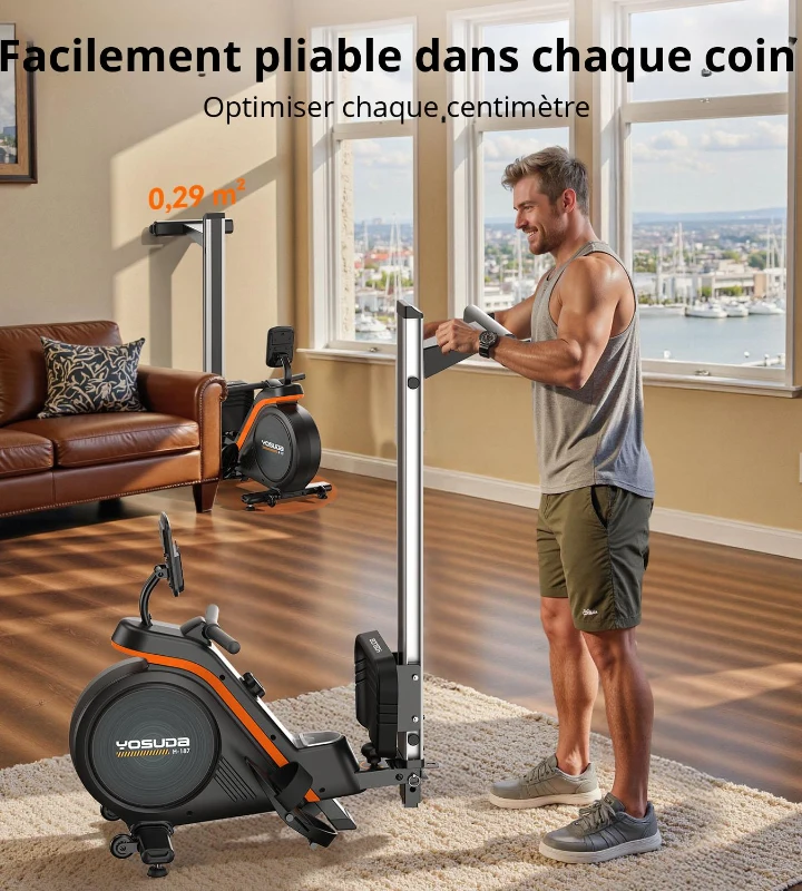 Rameur magnétique, ultra-silencieux, 16 niveaux de résistance, rangable/pliable, 134x48x83 cm, Noir