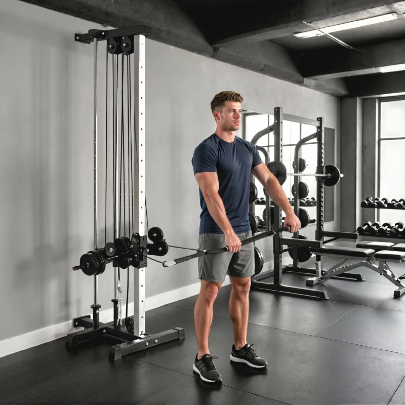 SPORTNOW Verstelbare Krachtstation 25-165 cm met Dual-Pulley-Systemen en Adapters 62 x 60 x 200 cm Zwart