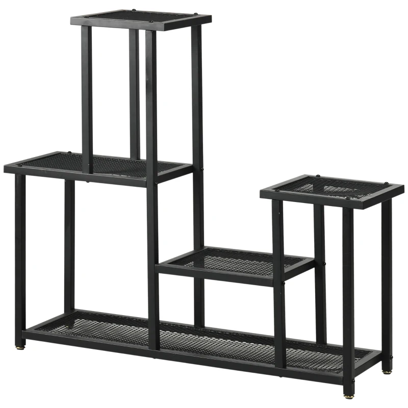 Outsunny plantenrek, plantentrap met 4 treden, bloemenrek op meerdere niveaus, plantenstandaard voor tuin, balkon, metaal, zwart, 91 x 25 x 83 cm(m-10)