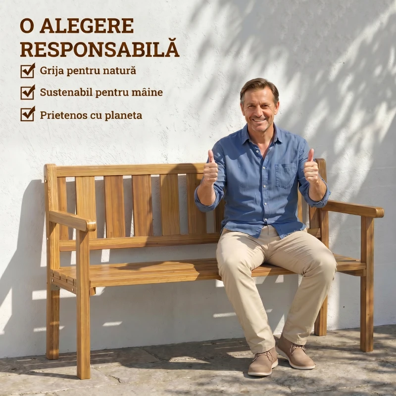 Outsunny Bancă de Grădină pentru 2 Persoane, Bancă de Exterior cu Lamele din Lemn de Molid, Stil Country, Bancă pentru Terasă, Patio și Curte, 150x57x93 cm, Culoare Teak