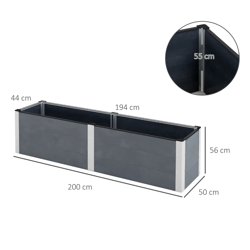 Outsunny Hoge plantenbak met open bodem, hoge zijkanten, weerbestendig, aluminium frame, 200 x 50 x 56 cm, Grijs