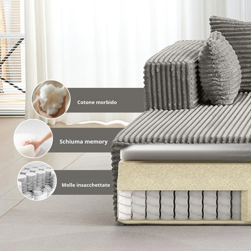Divano angolare a L modulare con chaise longue, salvaspazio, design minimalista, seduta profonda, 279x179x83 cm, Grigio