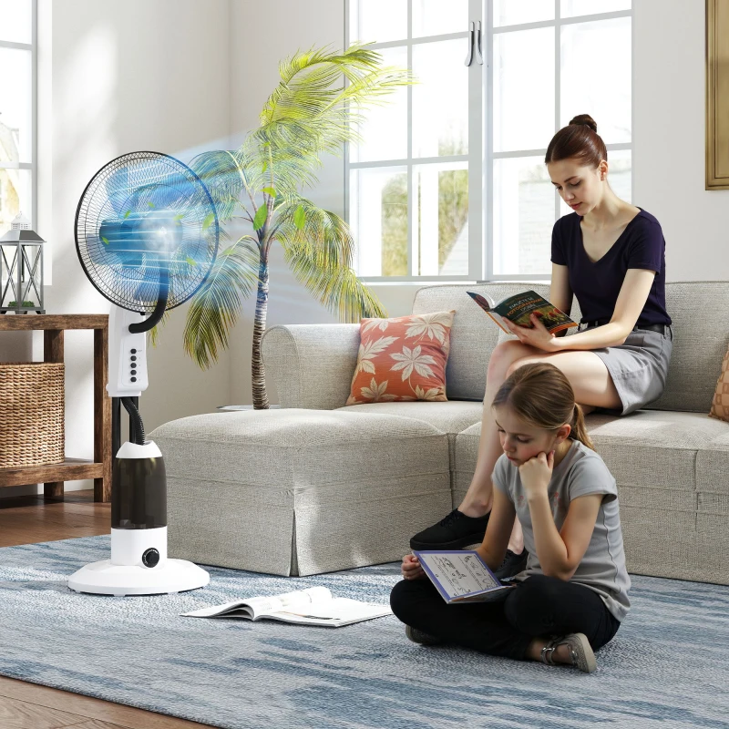 HOMCOM Ventilador Nebulizador Oscilante 90 W Tanque 2,8L 3 Velocidades 5 Aspas y Ruedas Ø44,5x120 cm Blanco