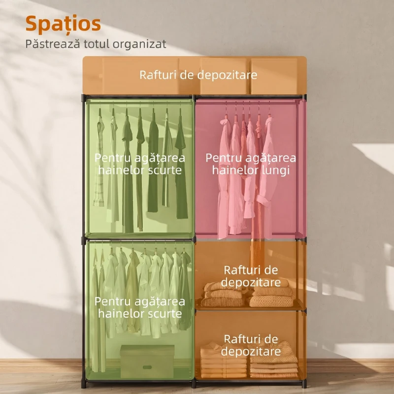 HOMCOM Dulap garderobă cu 2 bare și 4 rafturi, din material textil netesut, plastic și oțel, 142x43x185 cm, negru