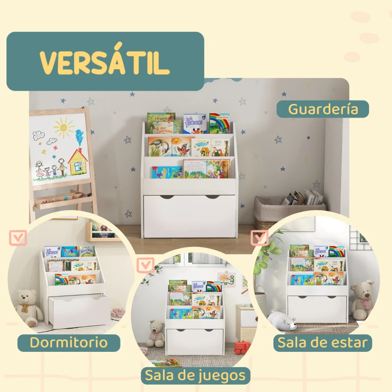 AIYAPLAY Librería Infantil de 4 Niveles Estantería para Libros Infantil con 3 Estantes y 1 Cajón con Ruedas 62,5x30x70 cm Blanco