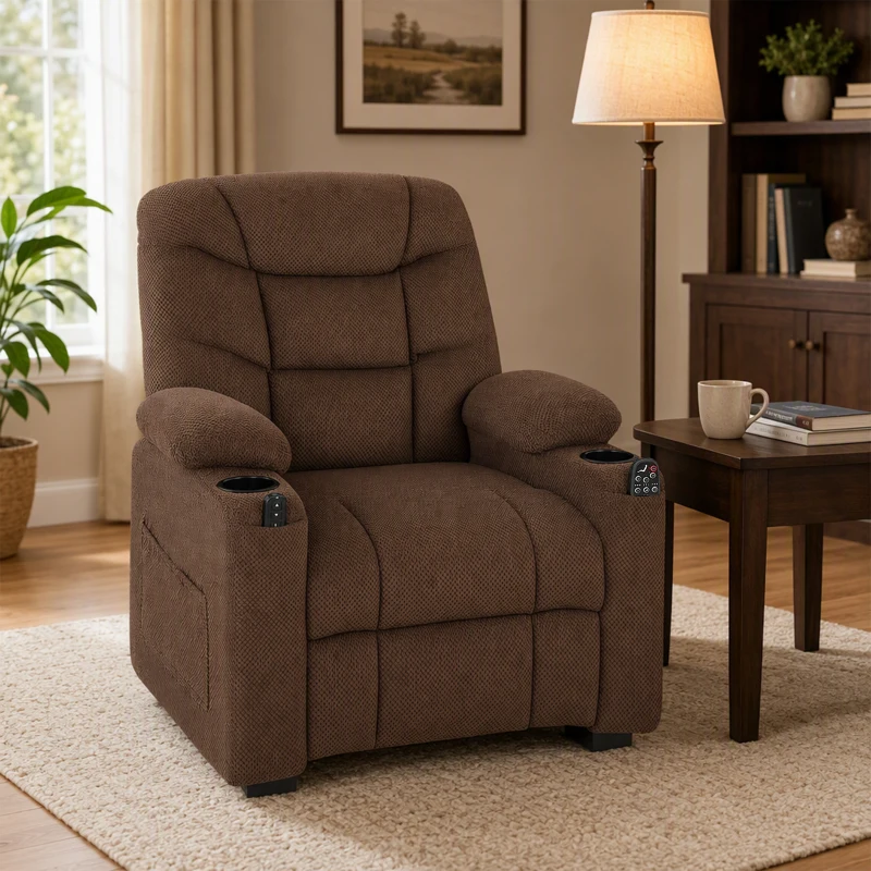 HOMCOM Electric Massage Recliner Armchair with Vibration, Heat, Whisper-Quiet Motor, Memory Function, Fleece Power Reclining Chair with Spring Pack, USB Port, Footrest, Side Pocket, Brown