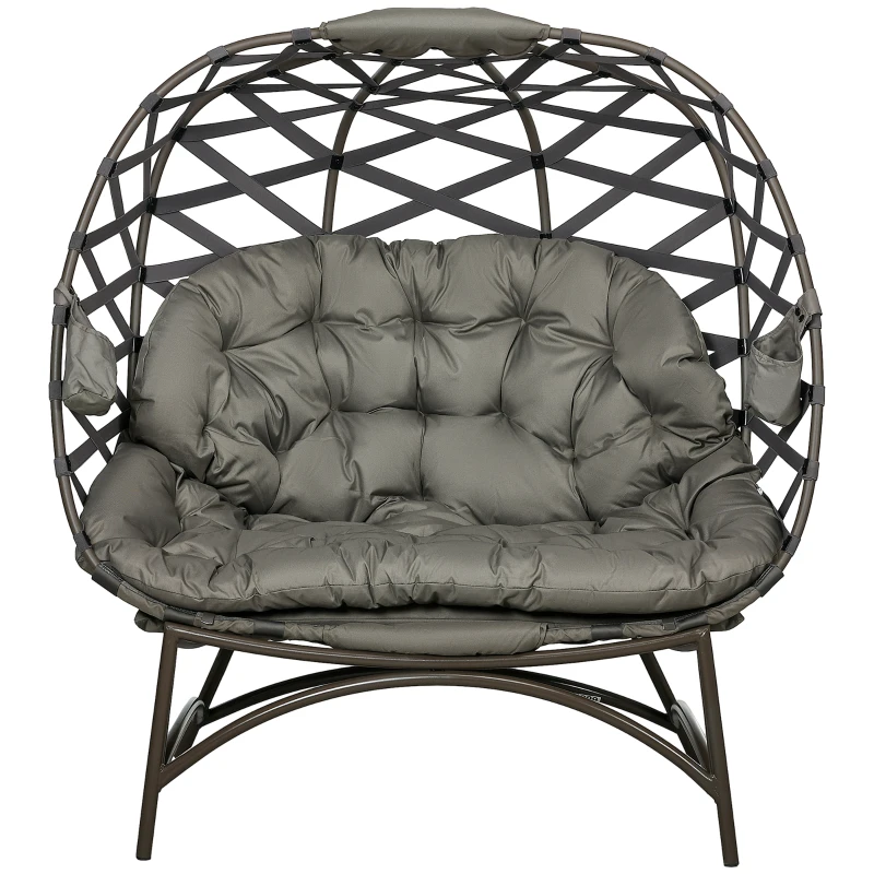 Outsunny 2 Seater Egg Chair Outdoor, Folding Weave Garden Furniture Chair with Cushion, Cup Pockets - Sand Brown