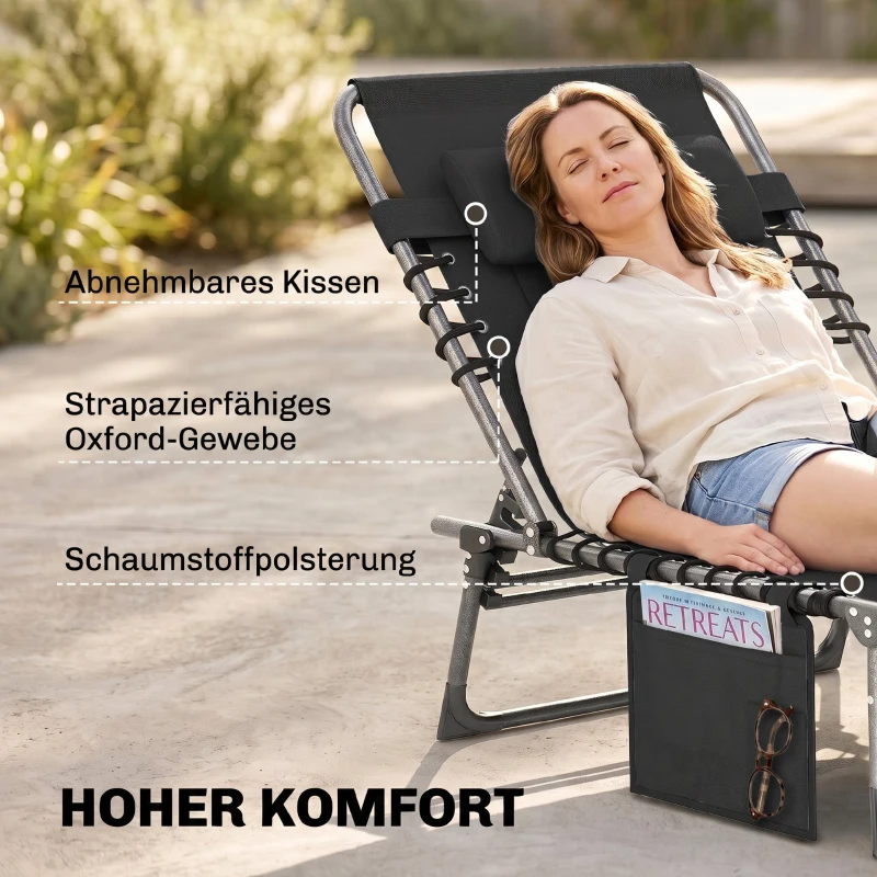 Outsunny opvouwbaar ligbed tuin ligbed met kussen tuin 5-traps verstelbare rugleuning staal Oxford stof zwart 188 x 57 x 30 cm