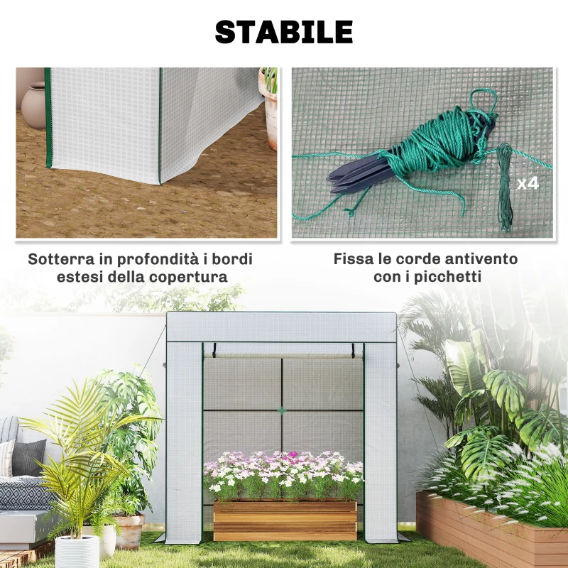 Outsunny Serra per Piante con 2 Finestre Laterali a Rete e Ingresso Avvolgibile, in PE e Acciaio, 196x77x197 cm, Bianco