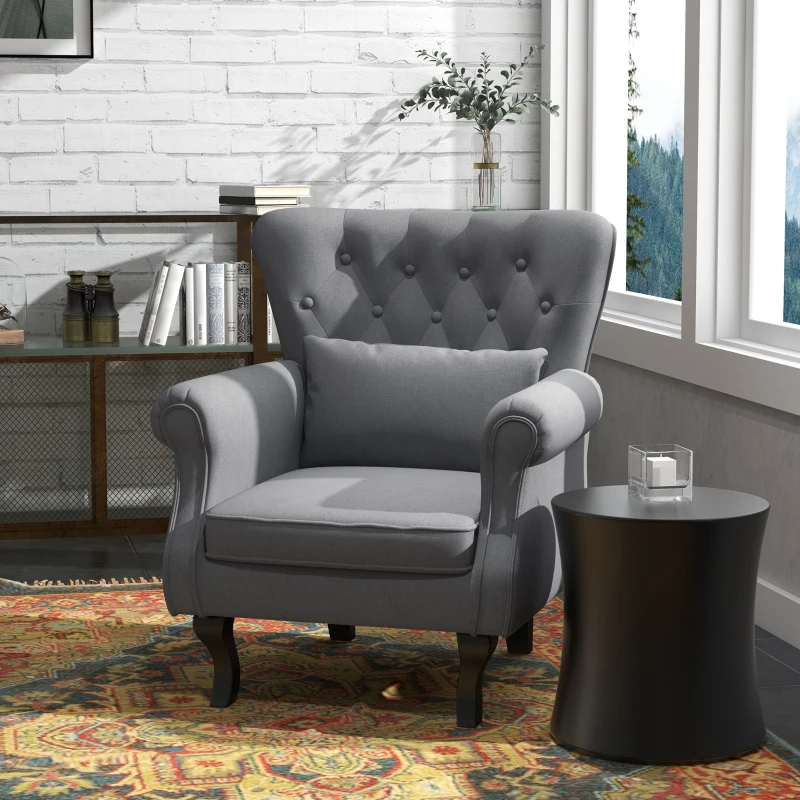 HOMCOM Poltrona da Salotto Vintage in Tessuto con Cuscino Lombare e Imbottitura, Grigio Scuro