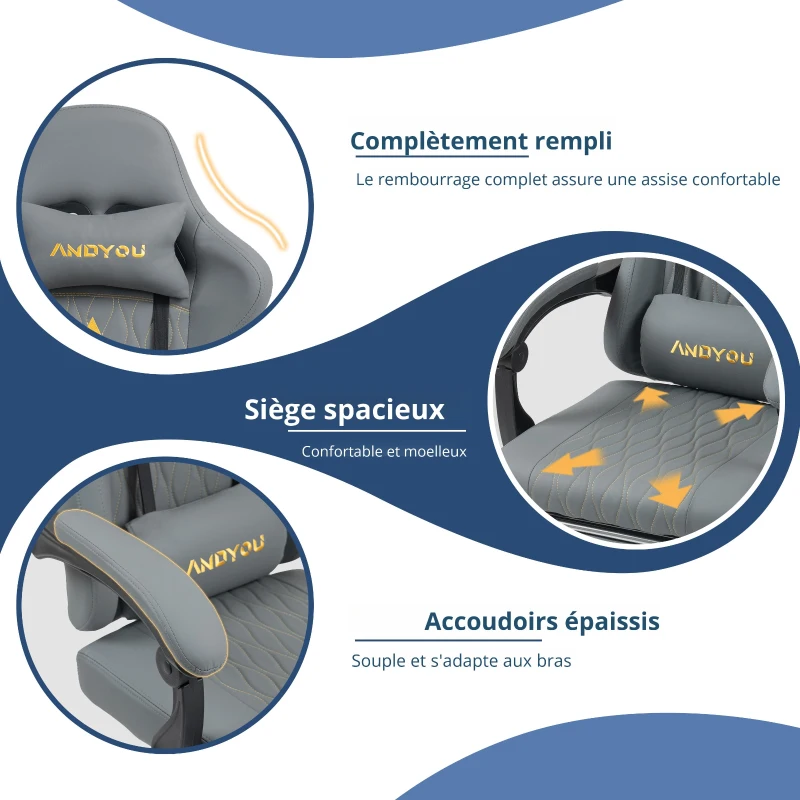 Fauteuil gamer avec repose-pieds, coussin cervical et lombaire doux, coussins de soutien amovibles, 60x60x122 cm, Gris