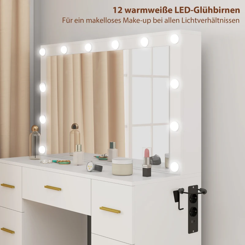 HOMCOM Kaptafel met Spiegel en 12 LED-lampen, Friseurtafel met 7 Lades, 6 Verborgen Opbergvakken, Spaanplaat, Wit(m-4)