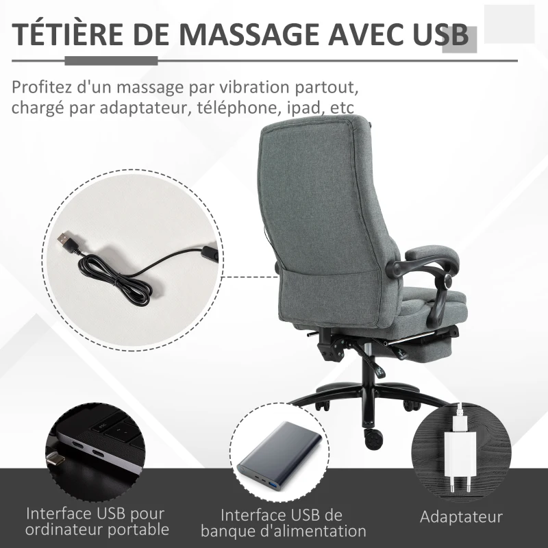 Vinsetto Fauteuil de bureau direction massant hauteur réglable dossier inclinable repose-pied intégré lin gris