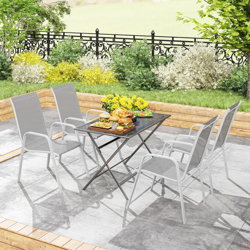 Outsunny Set de 4 Sillas de Exterior Apilables con Asiento de Textilene para Jardín Terraza 54x75,5x95 cm Gris Claro
