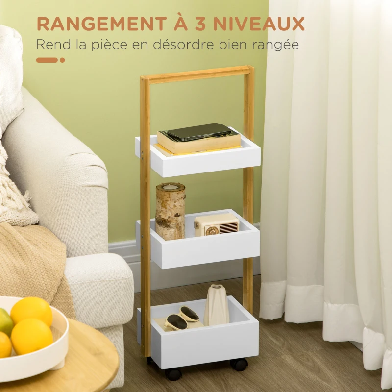 HOMCOM Chariot de rangement à 3 niveaux desserte montage facile pour salle de bain cuisine bureau 28 x 18 x 75 cm blanc