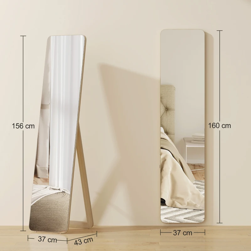 HOMCOM Oglindă de Podea și de Perete cu Cadru din Lemn și Suport Pliabil, 37 x 43 x 156 cm, Culoare Lemn