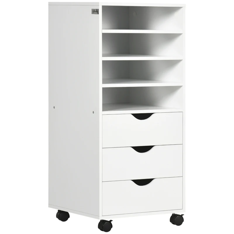 Vinsetto Cajonera de Oficina con 3 Cajones y 4 Estantes Abiertos Cajonera Escritorio con Ruedas para Oficina 38x40x86,8 cm Blanco