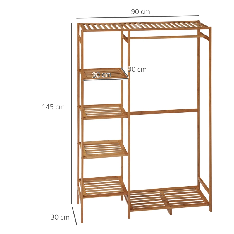 HOMCOM Cuier din Bambus cu Rafturi pe 6 Niveluri și Bară pentru Umerașe, 90x30x145 cm, Lemn Natural