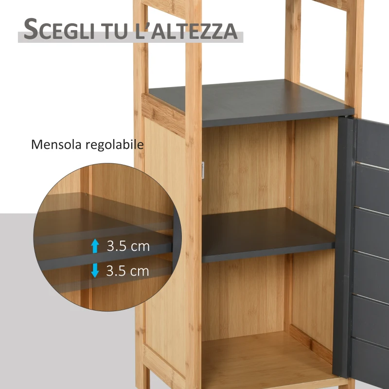 HOMCOM Mobiletto da Bagno Salvaspazio in Bambù, Armadietto da terra con Ripiano per Camera da letto, Grigio