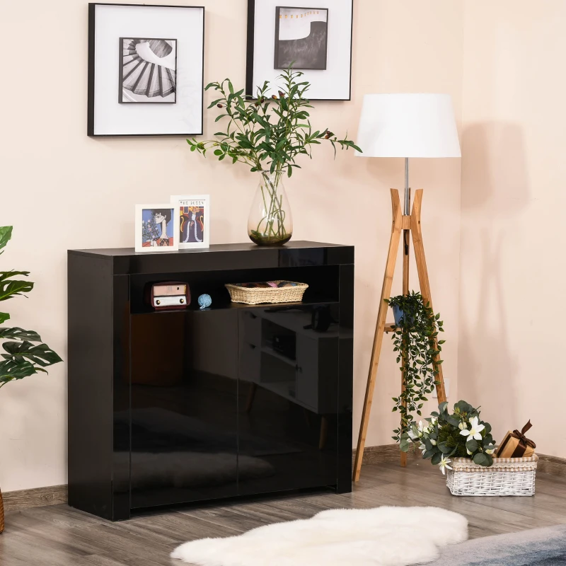 HOMCOM 2-Door Sideboard with LED Light, High Gloss Lighted Storage Cabinet with Shelves and Open Compartment, Modern Kitchen Sideboard for Dining Room, Living Room, 107 x 35 x 97cm, Black