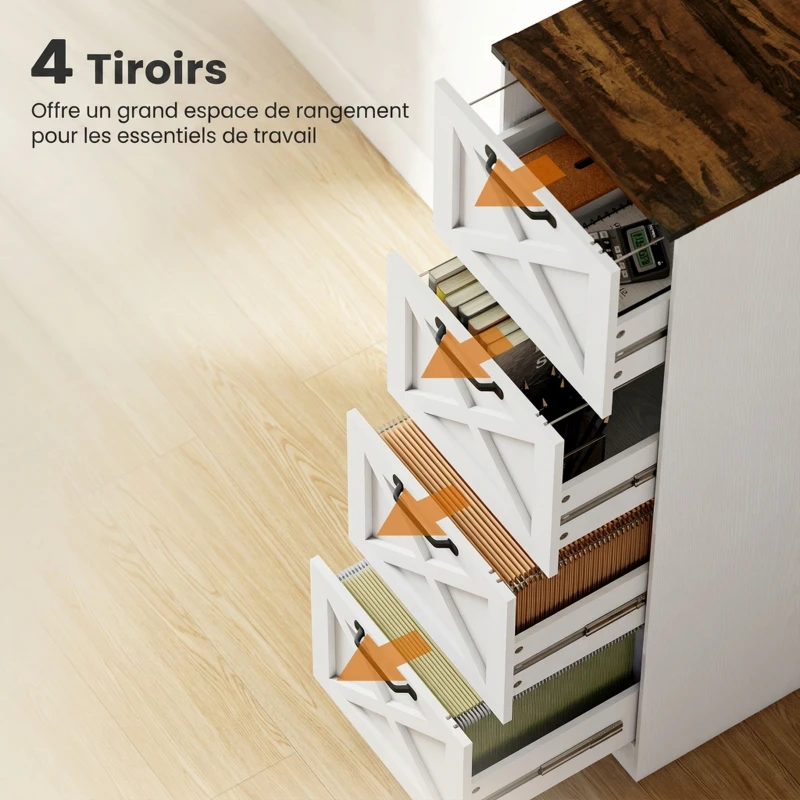 HOMCOM Caisson de Bureau avec 4 Tiroirs, Dossiers Suspendus pour Formats Lettre/A4, Style Rustique, 40x40x131cm, Blanc
