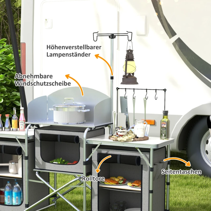 Outsunny Campingkeuken, inklapbaar, Windscherm, 3 Stoffen opbergvakken, Aluminiumframe, 172x48x119cm, Grijs/Zilver