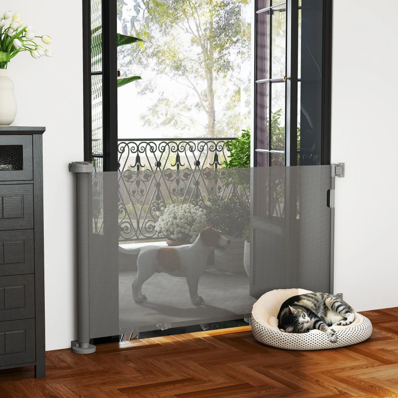 PawHut Barrera de Seguridad para Perros Retráctil con Interruptor de Cierre para Puertas Escaleras Pasillos 142x10x87 cm Gris