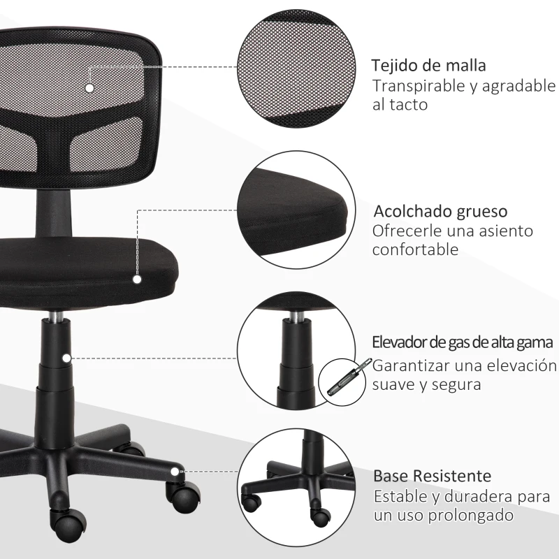 Vinsetto Silla de Oficina Ergonómica de Malla Silla de Escritorio Giratoria 360° con Altura Ajustable Soporte Lumbar Transpirable y Ruedas Sin Brazos 43x48x77,5-89,5 cm Negro