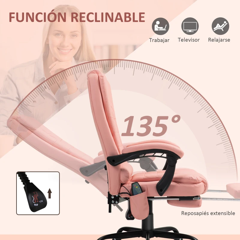 Vinsetto Silla de Oficina con 7 Puntos de Masaje con Reposapiés Retráctil Altura Ajustable Control Remoto y Tejido de PU Rosa