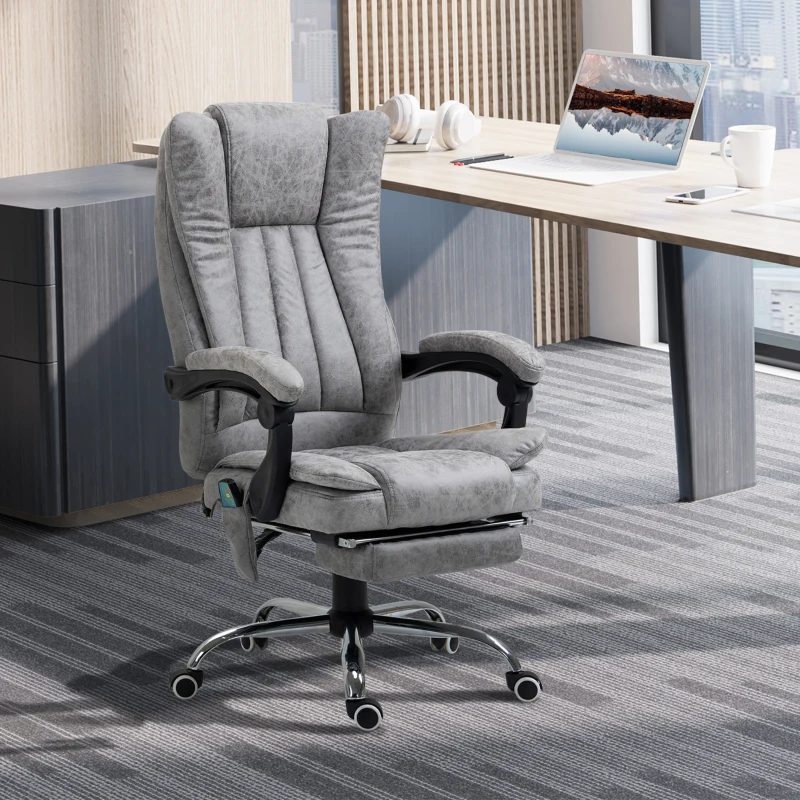 Vinsetto Fauteuil de bureau massant et chauffant, chaise de bureau, chaise ergonomique avec hauteur réglable, dossier inclinable, repose-pied et télécommande filaire, pivotant à 360°, gris
