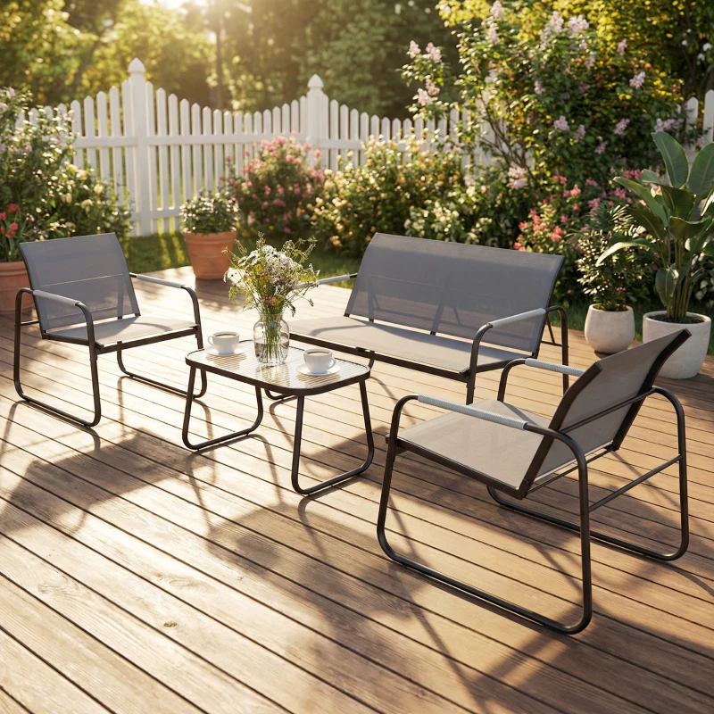 Outsunny Set da Giardino 4 pz con Divano 2 Posti, 2 Sedie e Tavolino, Struttura in Metallo Grigio
