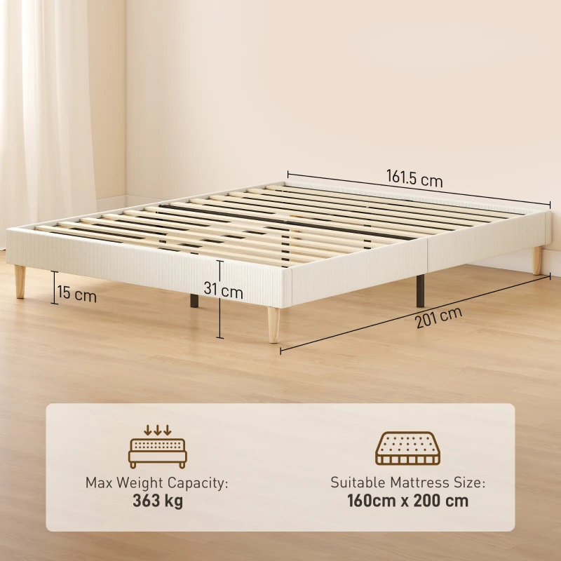 HOMCOM Cadru de pat 160 x 200 cm cu somieră, pat dublu tapițat din catifea moale, cu model striat, crem