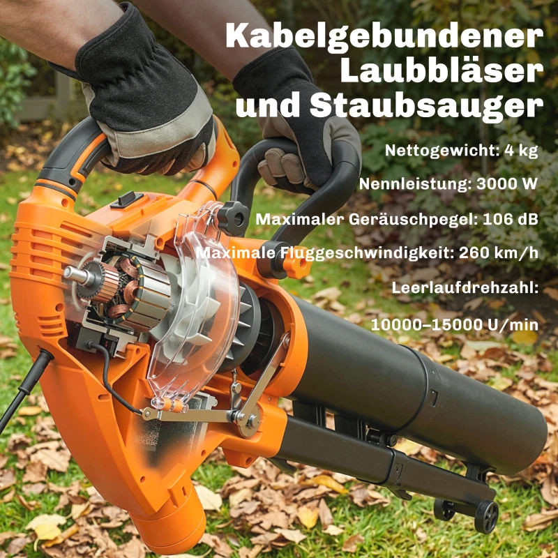 Outsunny 3000W 3-in-1 Elektrische bladblazer en stofzuiger met 40L opvangzak, 4 wielen, verstelbare riem, Oranje