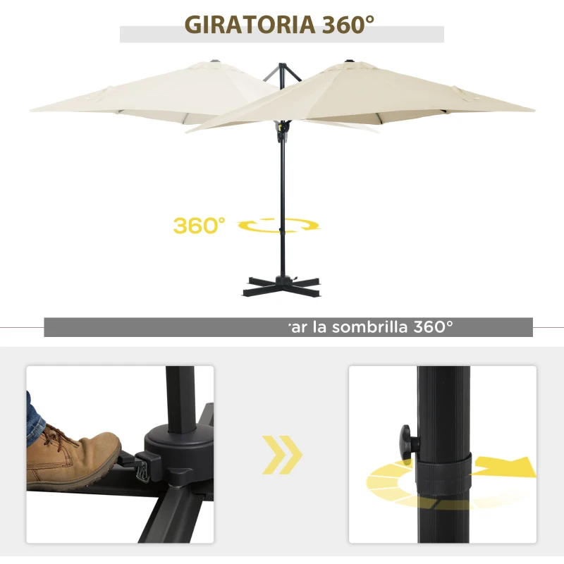 Outsunny Sombrilla de Jardín de Aluminio Parasol Excéntrico con Manivela y Poste Giratorio e Inclinable 245x245x245 cm Crema