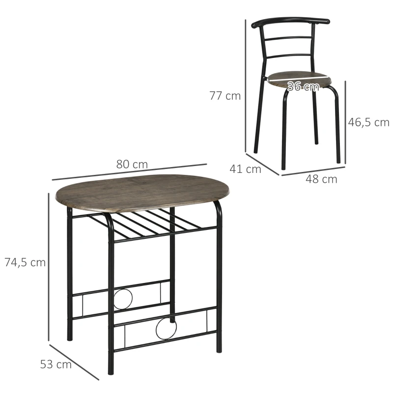 HOMCOM eetset, eettafel met 2 stoelen, keukentafel met opbergplank, zwart