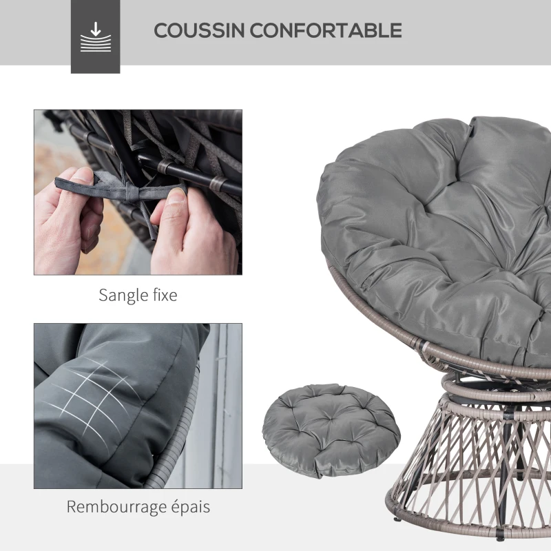 Outsunny Fauteuil rond de jardin fauteuil papasan pivotant Ø 97 x 86H cm grand coussin fourni polyester résine tressée
