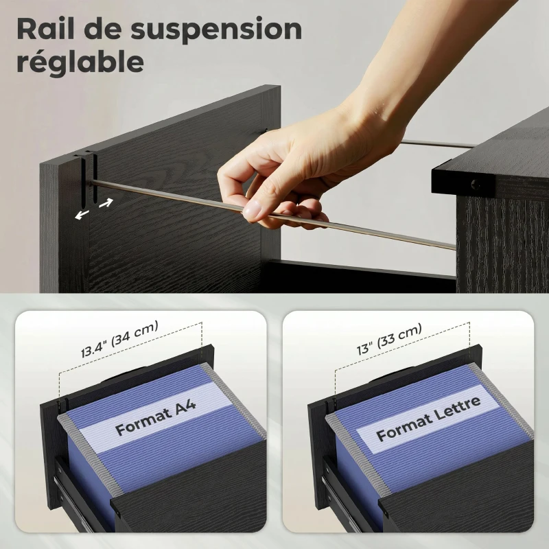 HOMCOM Caisson de Bureau avec 2 Tiroirs, Dossiers Suspendus pour Formats Lettre/A4, Style Rustique, 40x40x71cm, Noir